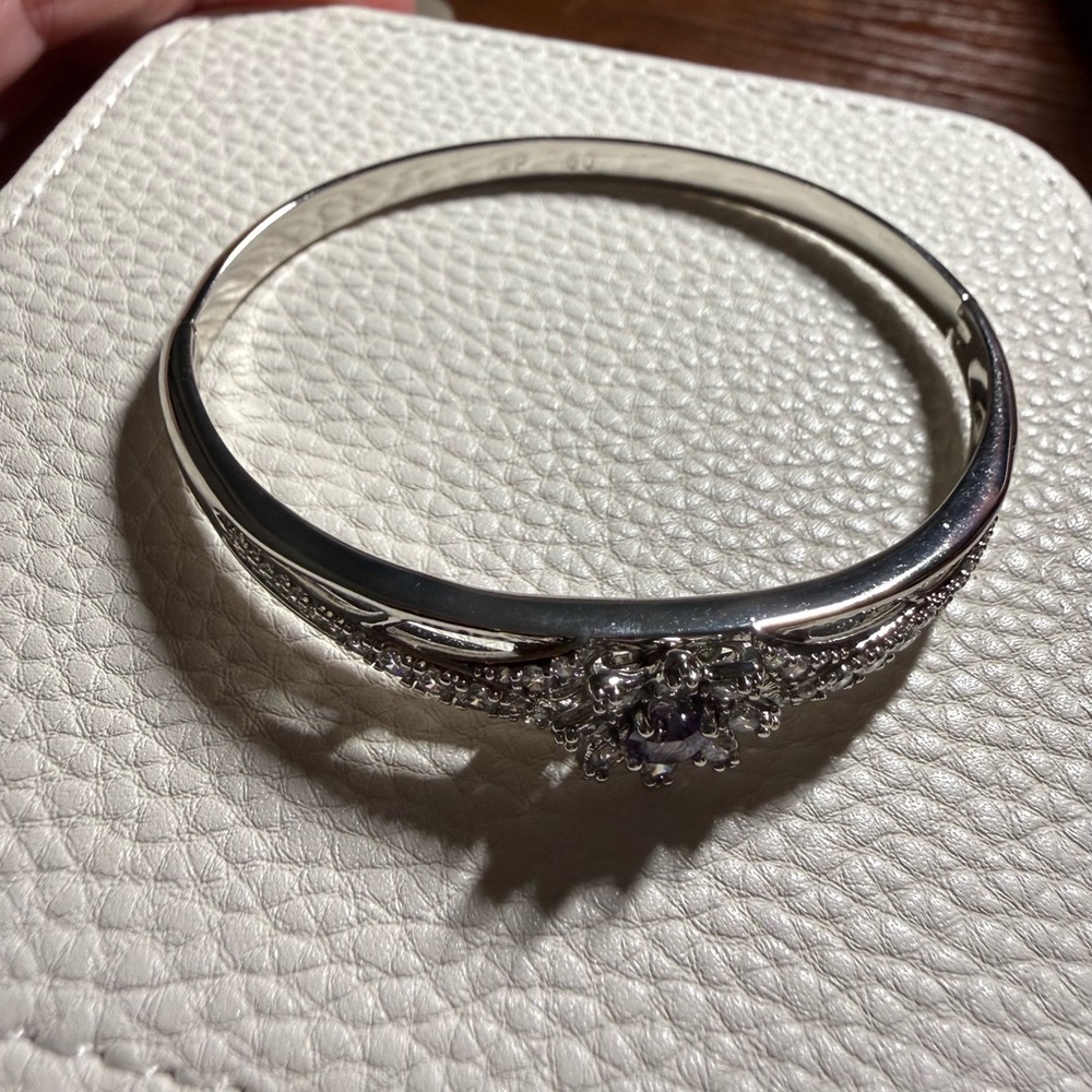 Silver-tone and Purple Women's Bangle Bracelet - 18K White Gold Filled - Picture 6 of 11